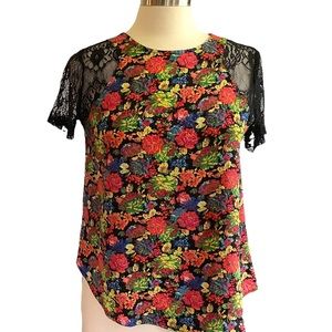 ASTR Floral Top with Black Lace Sleeves SM Vibrant Cute Casual or Dressy Top